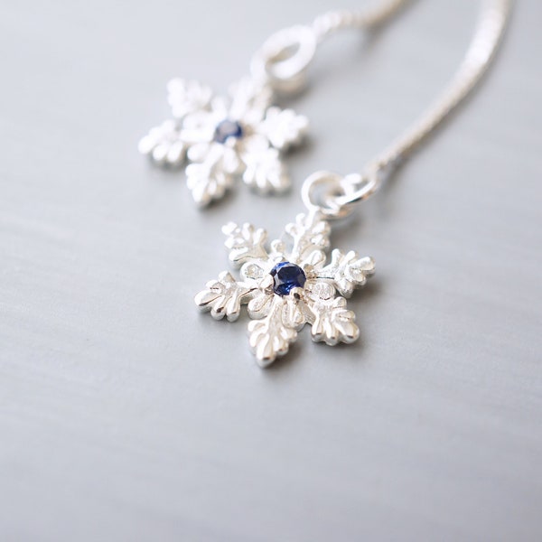 Sterling Silver Sapphire Snowflake Threader Earrings, Winter Earrings, Snowflake Jewelry, Sapphire Threaders, Snowflake Threaders, Gift