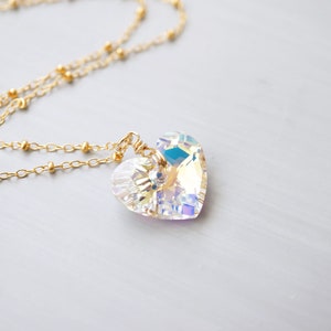 Rainbow Swarovski Crystal Heart Necklace: Gold Filled Chain