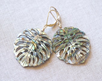 Abalone Monstera Leaf, Gold Filled Earrings, Carved Shell, Abalone Earrings, Blue Green, Gold Shell Earrings, Beach Wedding, Natural Shell