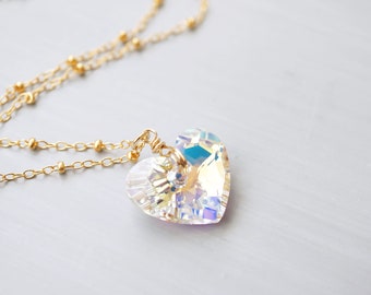 Rainbow Swarovski Heart Necklace, Swarovski Crystal, AB Crystal, Gold Heart Necklace, Silver Heart Necklace, Rose Gold Heart, Gift for Her