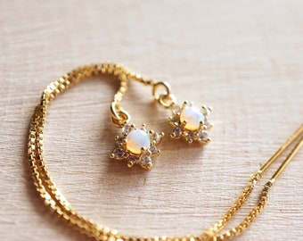 Gold Opal Threader Earrings | Gold Filled Ear Threads | Crystal Clusters