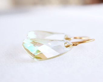 Green Swarovski Crystal Gold Fairy Wing Earrings, Luminous Green Crystal, Austrian Crystal Earrings, Gold Filled Earring, Handmade Earrings