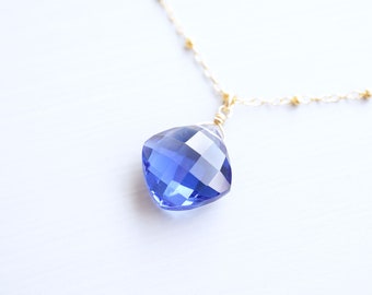 Gold, Blue Topaz Quartz Glass Pillow Cut Necklace