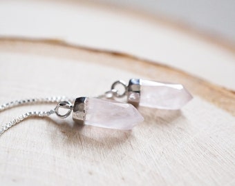 Rose Quartz Point Silver Threader Earrings, Sterling Silver Threaders, Rose Quartz Earrings, Carved Rose Quartz, Handmade Earrings, Gift