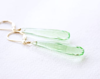 Long Gold, Peridot Quartz Teardrop Earrings