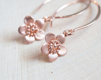 Rose Gold Cherry Blossom Earrings, Matte Flower Pendants, Pink Gold Jewelry, Spring Fashion, Dangle Earrings, Gift for Her