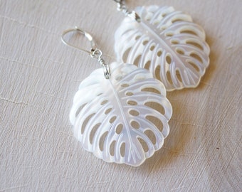 Silver, Mother of Pearl Monstera Leaf Earrings