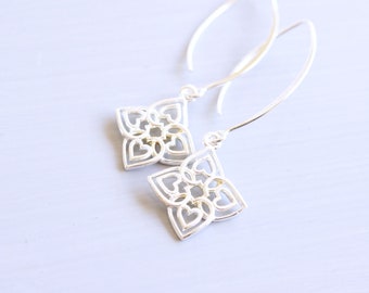 Long, Sterling Silver Heart Filigree Earrings