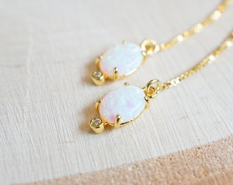 Dainty Opal Threader Earrings | Gold Filled Dangle Earrings | Minimalist Jewelry