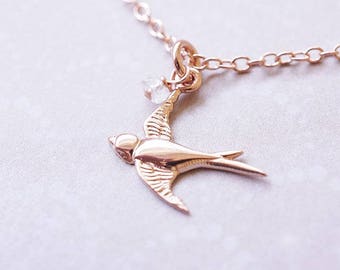 Raw CZ, Rose Gold Swallow Necklace