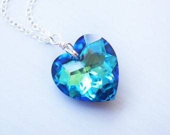 Blue Crystal Heart, Silver Heart Necklace, Swarovski Heart Necklace, Bermuda Blue, Silver Crystal Heart, Something Blue, Gift for Her