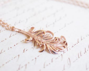 Necklace, Rose Gold Necklace, Feather Necklace, Rose Gold Feather, Boho Necklace, Nature Necklace, Gift for Her, Bridesmaid Necklace, Gift