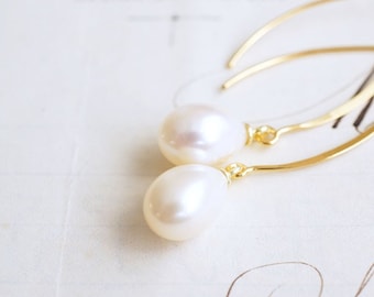 Long Gold Freshwater Pearl Drop Earrings