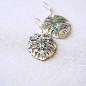 Abalone Monstera Leaf, Gold Filled Earrings, Carved Shell, Abalone Earrings, Blue Green, Gold Shell Earrings, Beach Wedding, Natural Shell image 7