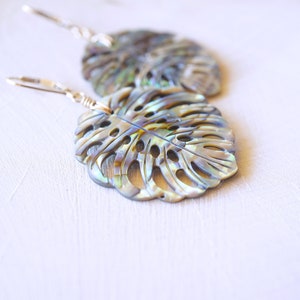 Abalone Monstera Leaf, Gold Filled Earrings, Carved Shell, Abalone Earrings, Blue Green, Gold Shell Earrings, Beach Wedding, Natural Shell image 3