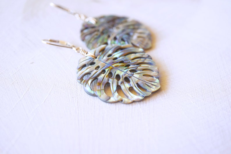 Abalone Monstera Leaf, Gold Filled Earrings, Carved Shell, Abalone Earrings, Blue Green, Gold Shell Earrings, Beach Wedding, Natural Shell image 3