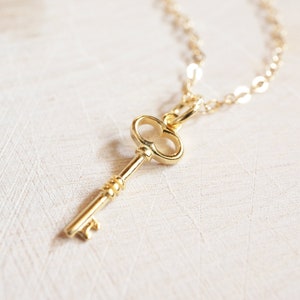 May include: A gold key necklace with a delicate chain. The key pendant has a simple, classic design.