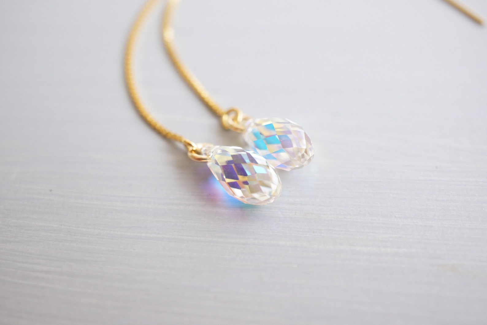 Rainbow Crystal Teardrop Threader Earrings | Austrian Crystal | Gold ...