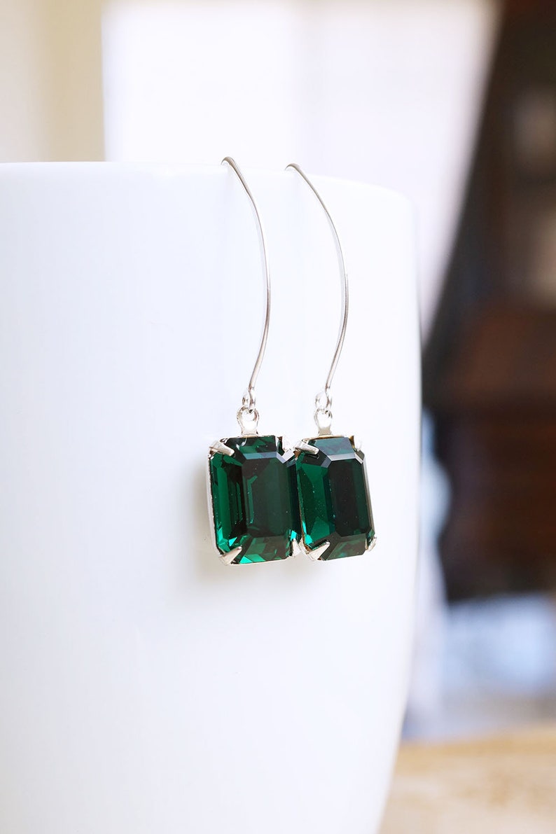 Long Silver, Emerald Swarovski Crystal Earrings zdjęcie 7