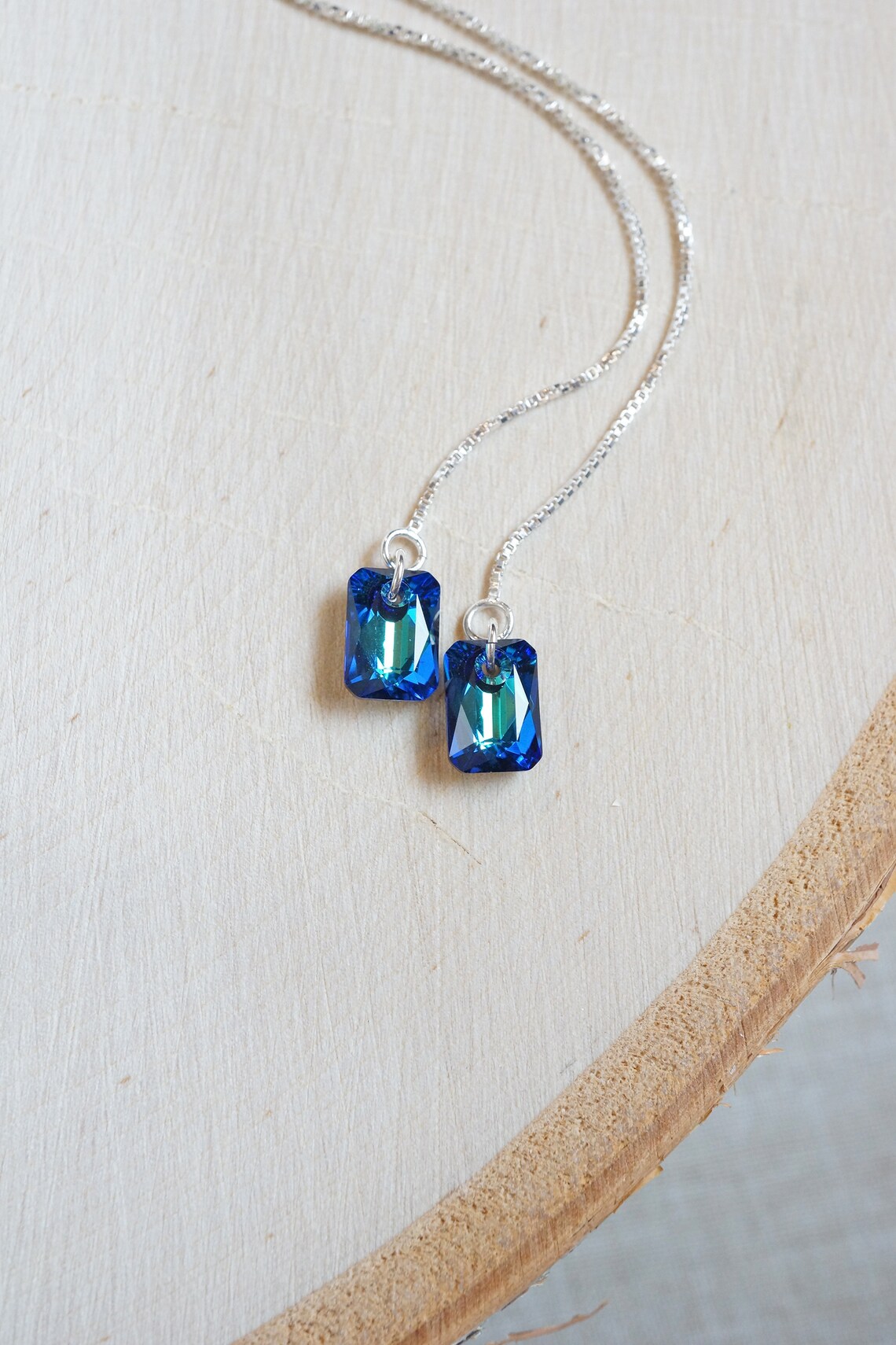 Emerald Cut Crystal Threader Earrings | Sterling Silver, Bermuda Blue ...