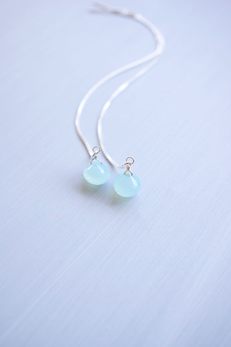 Silver, Aquamarine Chalcedony Drop Threader Earrings image 5