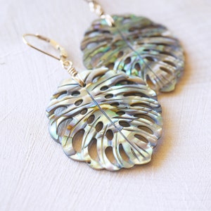 Abalone Monstera Leaf, Gold Filled Earrings, Carved Shell, Abalone Earrings, Blue Green, Gold Shell Earrings, Beach Wedding, Natural Shell image 5
