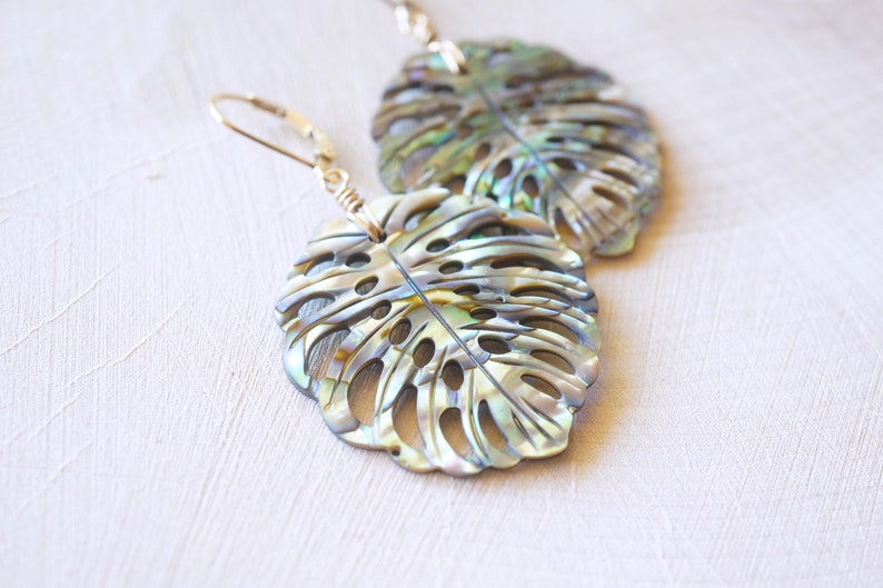 Abalone Monstera Leaf, Gold Filled Earrings, Carved Shell, Abalone Earrings, Blue Green, Gold Shell Earrings, Beach Wedding, Natural Shell image 5