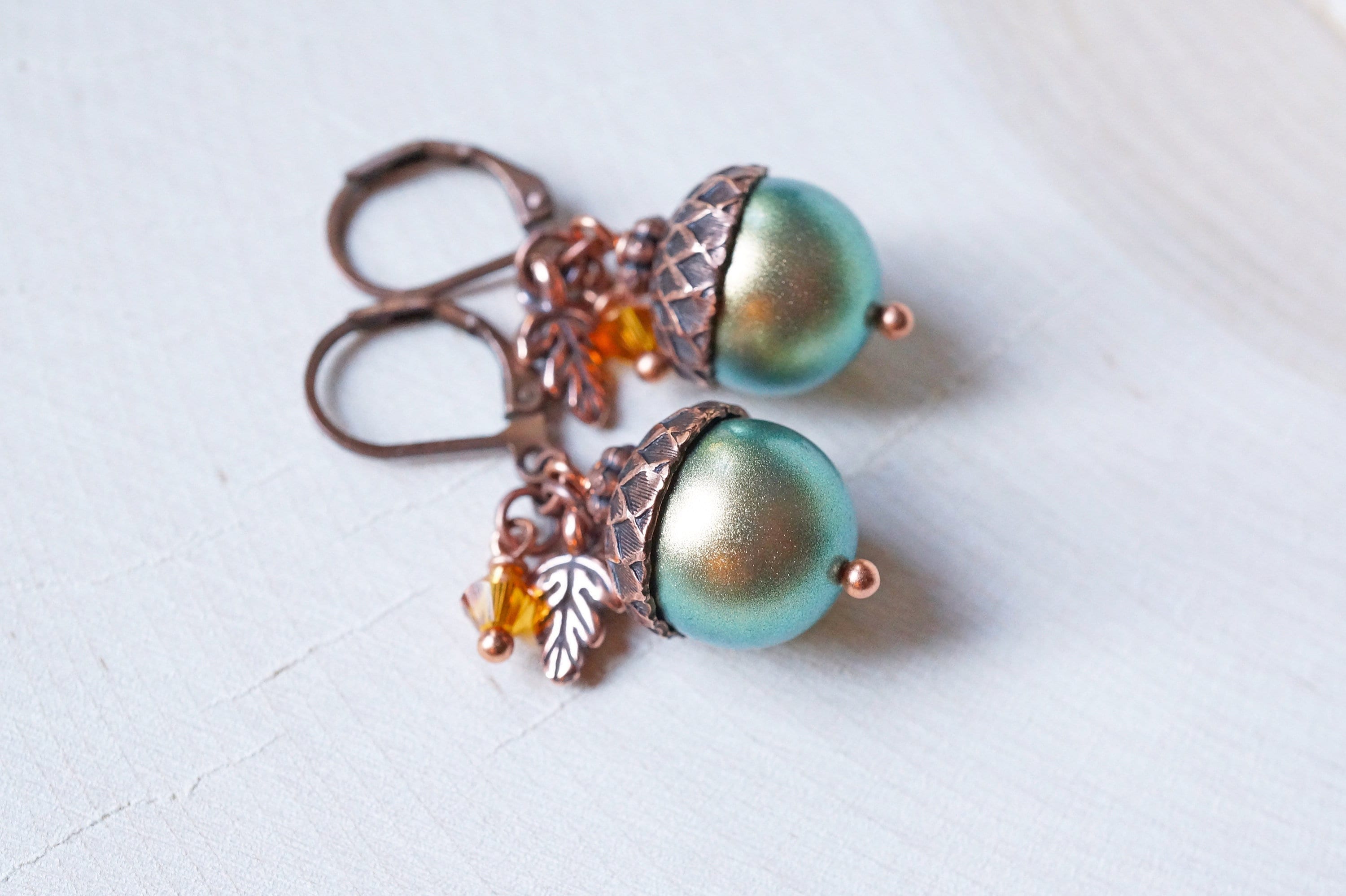 Iridescent Pearl Acorn Earrings: Copper Oak Leaf, Swarovski Crystal