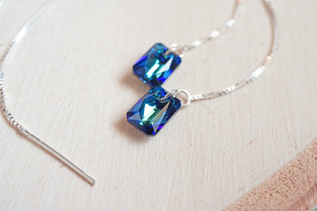Emerald Cut Crystal Threader Earrings | Sterling Silver, Bermuda Blue ...