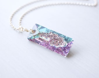 Lavender, Austrian Crystal Geode Rectangle Necklace