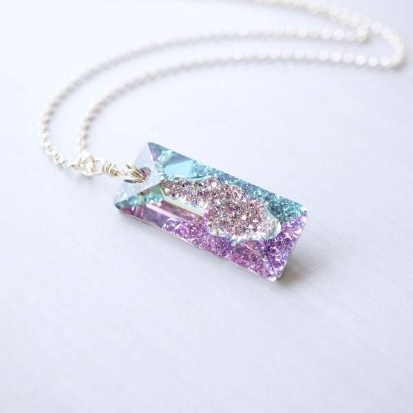 Lavender, Austrian Crystal Geode Rectangle Necklace