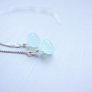 Silver, Aquamarine Chalcedony Drop Threader Earrings image 2