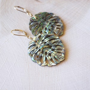 Abalone Monstera Leaf, Gold Filled Earrings, Carved Shell, Abalone Earrings, Blue Green, Gold Shell Earrings, Beach Wedding, Natural Shell image 4