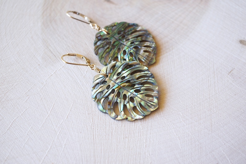 Abalone Monstera Leaf, Gold Filled Earrings, Carved Shell, Abalone Earrings, Blue Green, Gold Shell Earrings, Beach Wedding, Natural Shell image 4