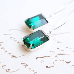 Long Silver, Emerald Swarovski Crystal Earrings image 2