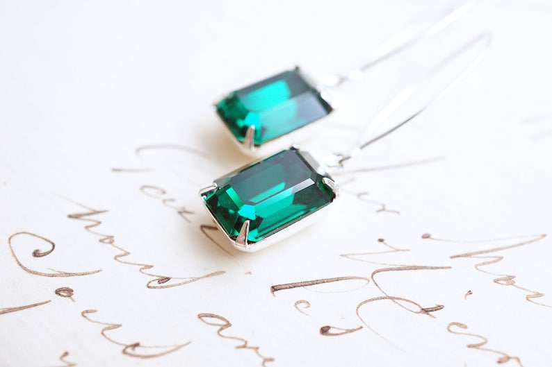 Long Silver, Emerald Swarovski Crystal Earrings image 2