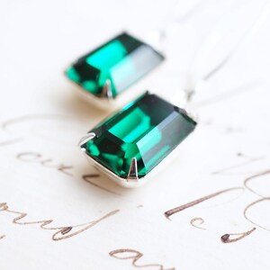 Long Silver, Emerald Swarovski Crystal Earrings zdjęcie 4