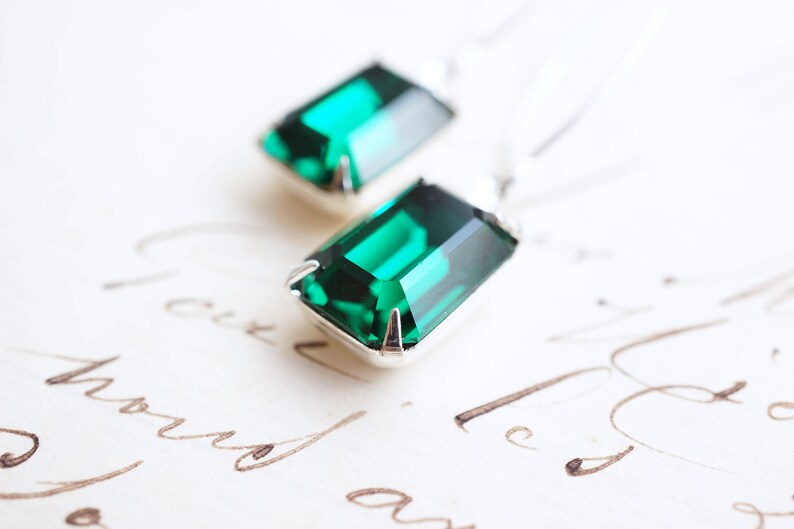 Long Silver, Emerald Swarovski Crystal Earrings zdjęcie 4