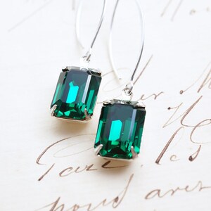 Long Silver, Emerald Swarovski Crystal Earrings zdjęcie 3