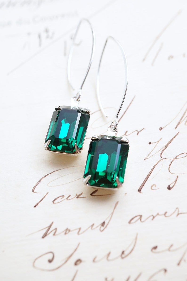 Long Silver, Emerald Swarovski Crystal Earrings zdjęcie 3