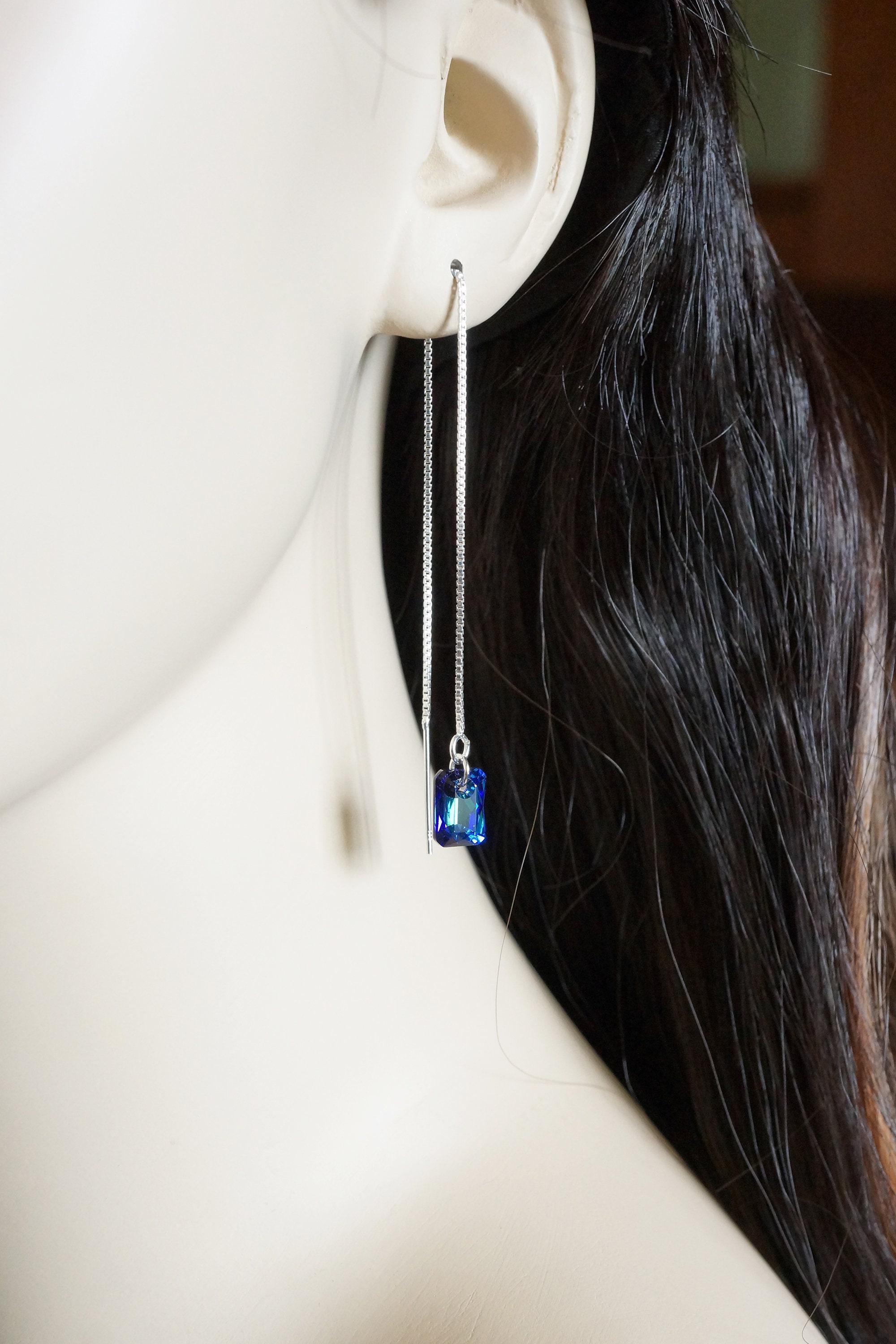 Emerald Cut Crystal Threader Earrings | Sterling Silver, Bermuda Blue ...