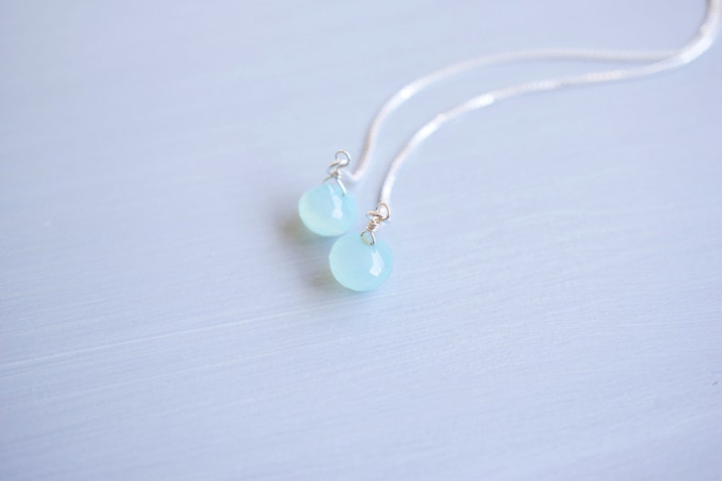 Silver, Aquamarine Chalcedony Drop Threader Earrings image 7