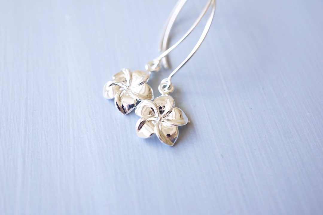 Long Sterling Silver Plumeria Earrings Etsy