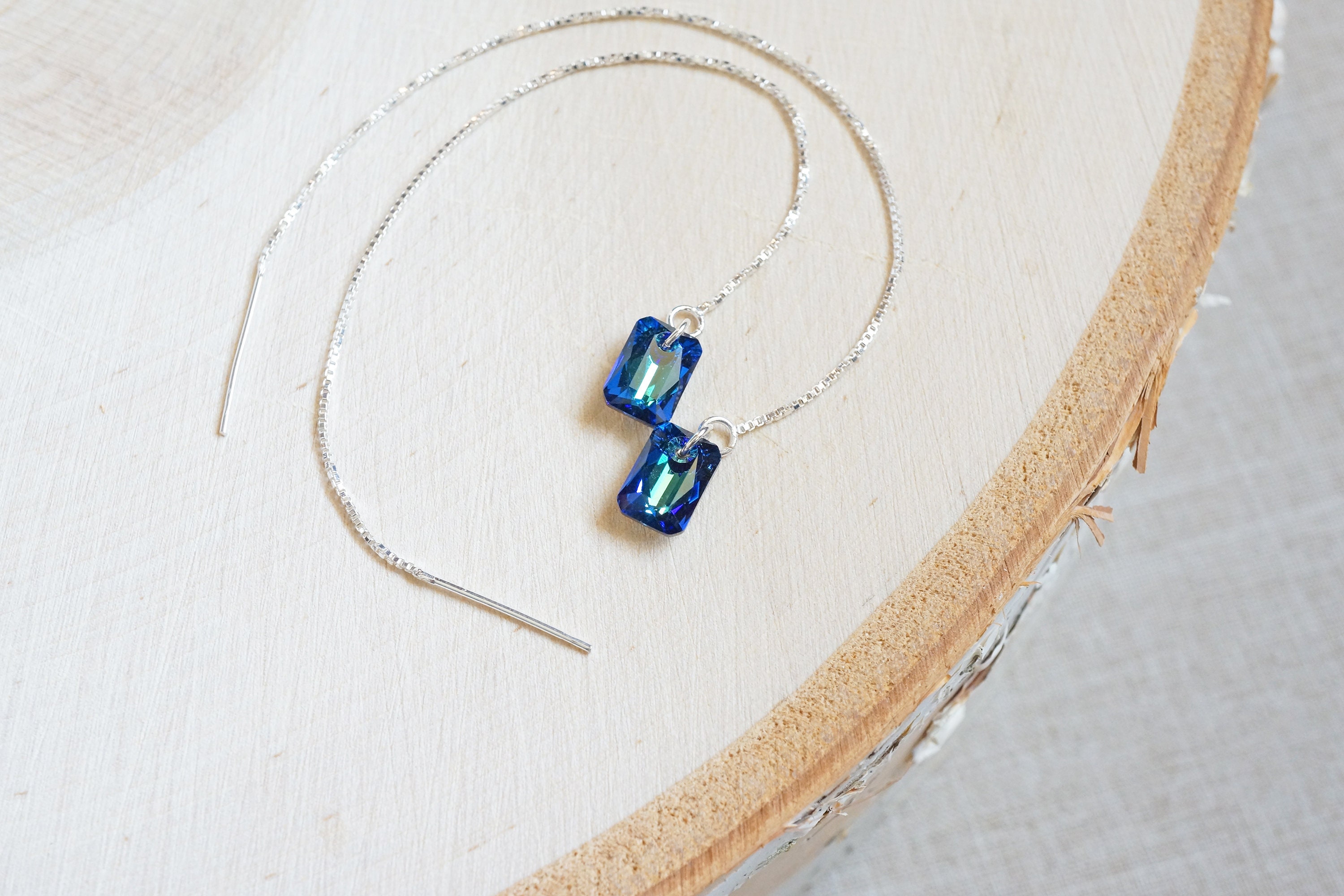 Emerald Cut Crystal Threader Earrings | Sterling Silver, Bermuda Blue ...