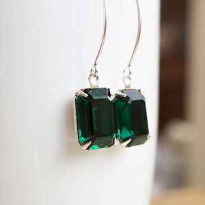 Long Silver, Emerald Swarovski Crystal Earrings zdjęcie 8