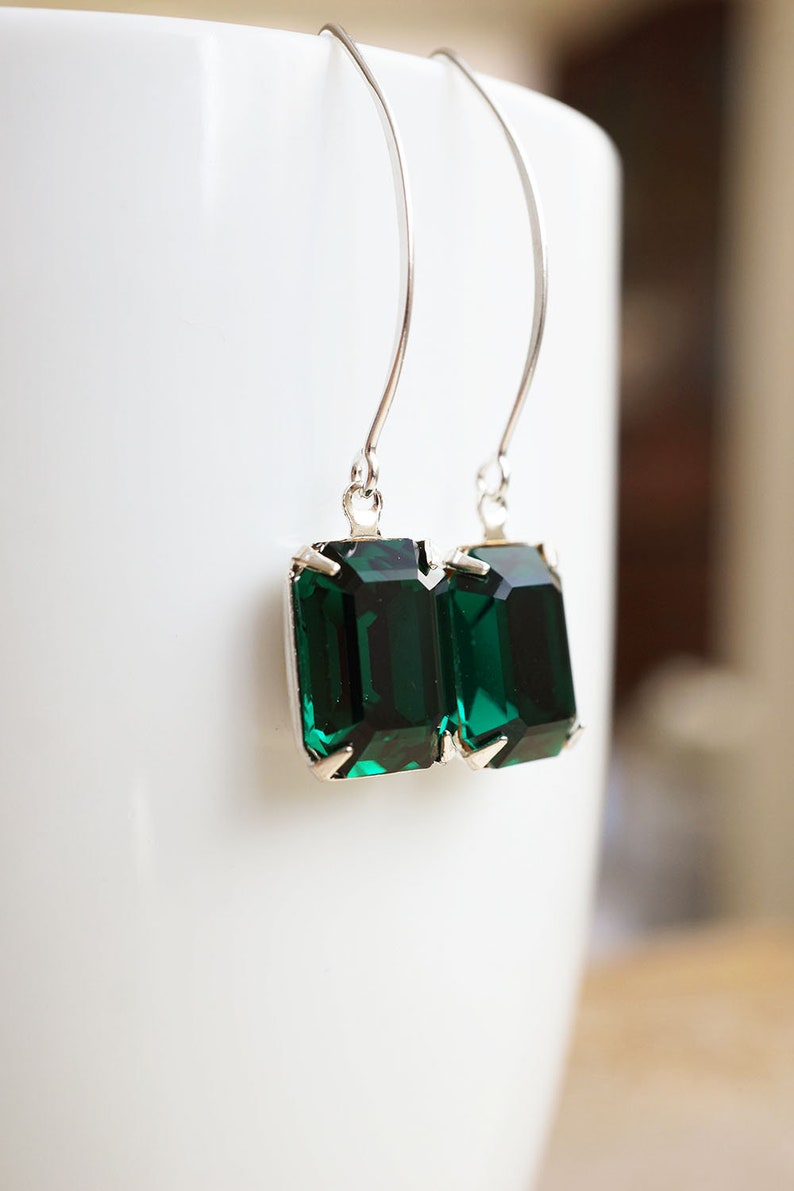 Long Silver, Emerald Swarovski Crystal Earrings zdjęcie 8