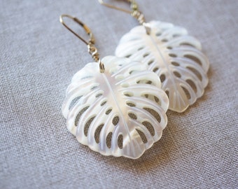 Gold, Mother of Pearl Monstera Leaf Earrings