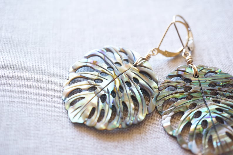 Abalone Monstera Leaf, Gold Filled Earrings, Carved Shell, Abalone Earrings, Blue Green, Gold Shell Earrings, Beach Wedding, Natural Shell image 6