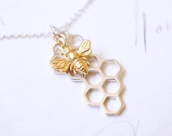 Gold Bee, Silver Honeycomb Necklace