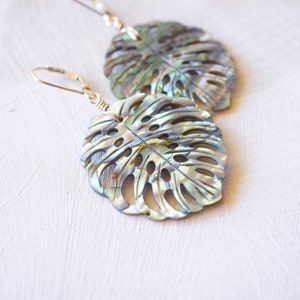Abalone Monstera Leaf, Gold Filled Earrings, Carved Shell, Abalone Earrings, Blue Green, Gold Shell Earrings, Beach Wedding, Natural Shell image 2